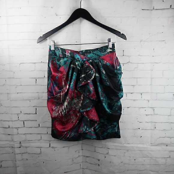 RAMPAGE BLACK PINK & TEAL CASCADING RUFFLE PAINT SPLATTER MINI SKIRT SIZE XS - Picture 4 of 8